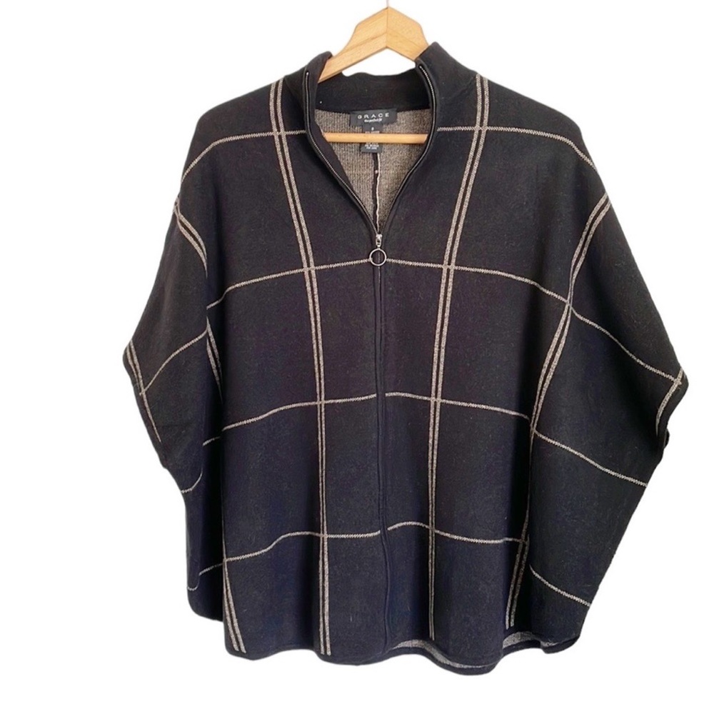 Grace The Perfect Fit Plaid Windowpane Grid Front Zip Cape Poncho Sweater size S